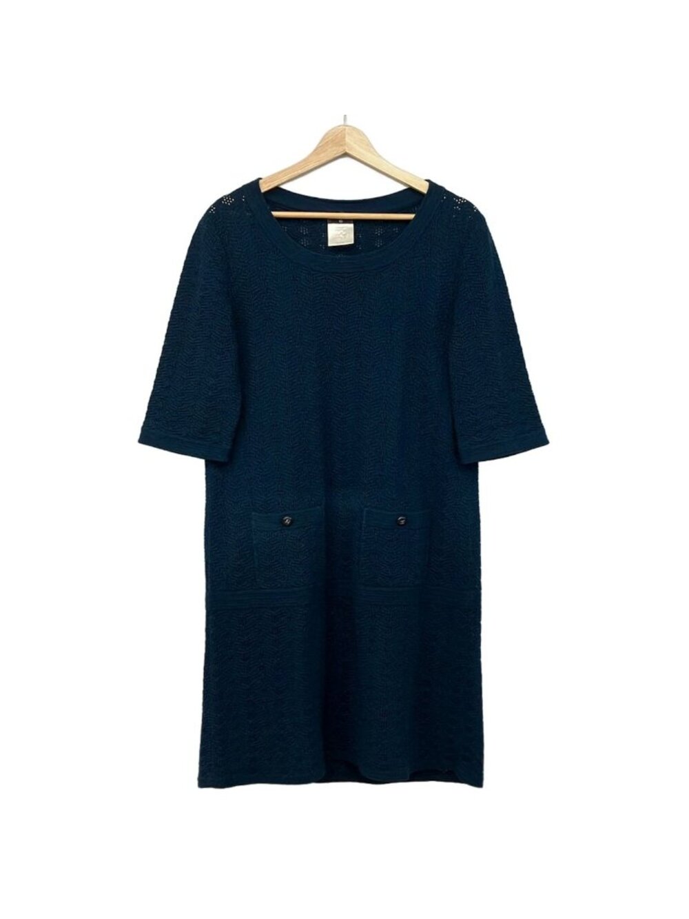 Chanel Dress L Navy Crew Neck 3/4 Sleeve Knee Length Knit